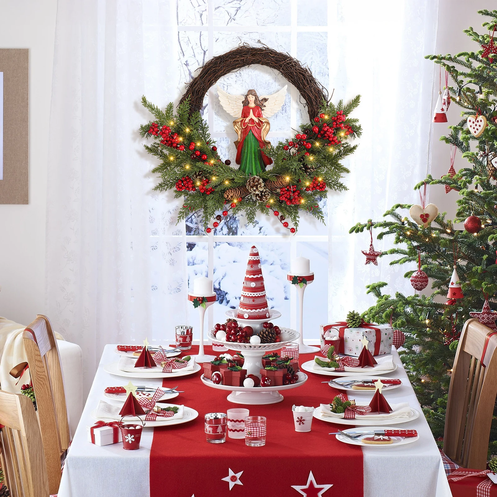 

24" Battery Operated Christmas Wreath with 30 LEDs, Angel and Berry Design Easy Indoor/Outdoor Xmas Decor