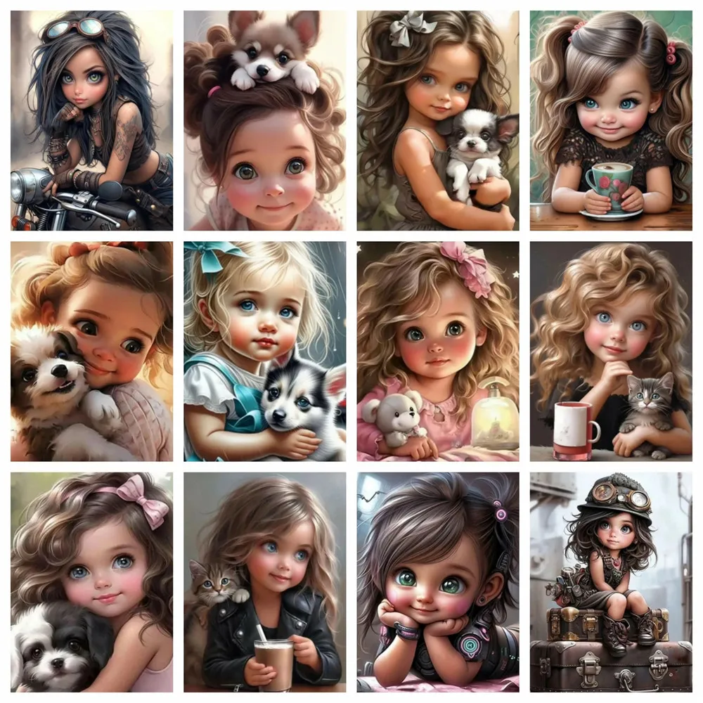 AZQSD 5d Diamond Painting Girl Portrait Mosaic Cross Stitch Kits 30x40cm Round Drill Embroidery Sale Dog Gift Handmade