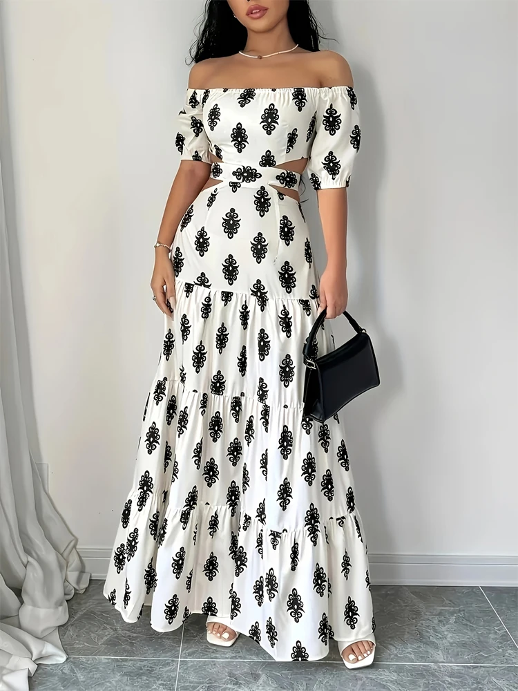 Abito lungo a trapezio da donna estivo con spalle scoperte e dettaglio cravatta con stampa floreale Abito da vacanza al mare Boho Vita smock sexy