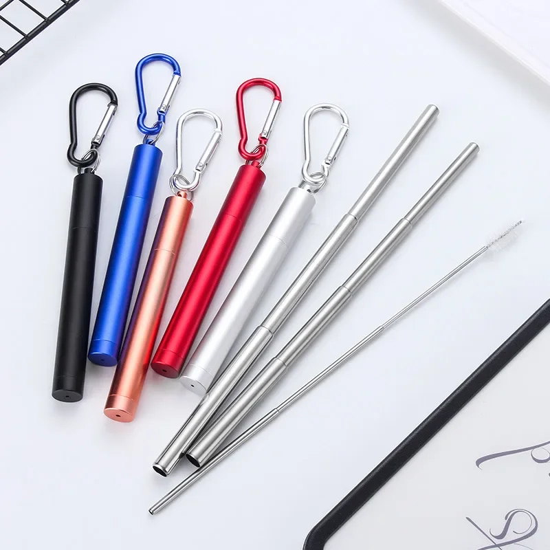 Portable Multi Color Stainless Steel Telescopic Drinking Straw Camping Travel  Reusable Straw with Buckle 1 Brush and Carry Case