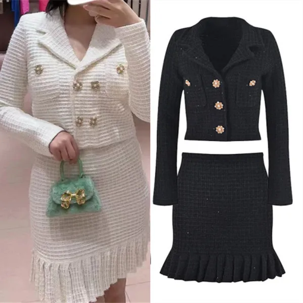 

Высококачественная версия, осенне-зимний топ Ele Bla с пайетками, верхняя одежда Long Sve, комплект с юбкой, модный французский комплект для женщин