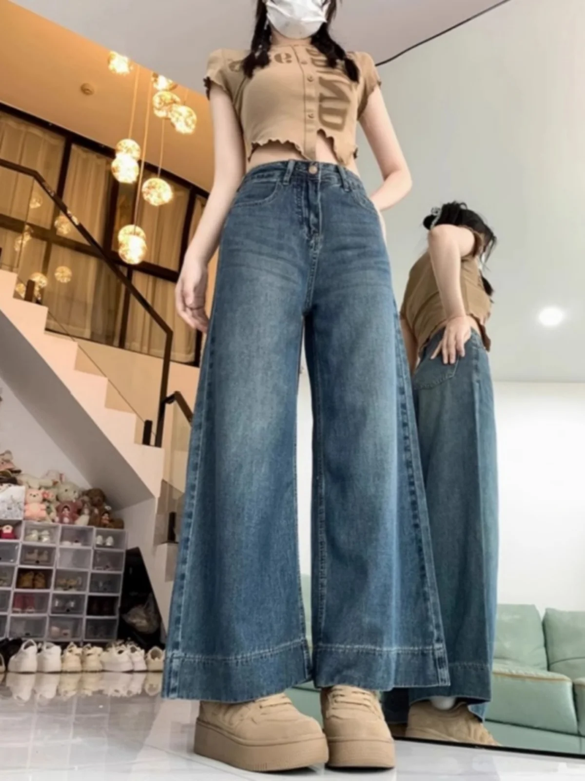 High Waist Wide Leg Denim Jeans Women's Student Style Straight Long Pants Autumn Winter plus Size Slimming Trousers