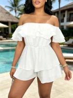 Women's White Off Shoulder Ruffle Romper - Sweet Layered Ruffle Sleeve High Waist Tiered Mini Jumpsuit for Beach Vacation&casual - Image 4