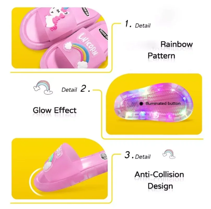 Pantoufles pour enfants garçons et filles, chaussures imprimées d'animaux licorne de dessin animé, chaussures mignonnes éclairées à la mode, pantoufles de salle de bain pour enfants en bas âge