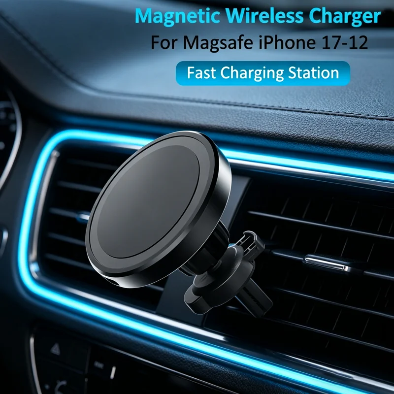 Cargador Inalámbrico Magnético para Coche con Clip de Ventilación y Anillo para Teléfono, Compatible con Magsafe iPhone 17 16 15 14 13 12 Pro Max, Soporte de Carga Rápida