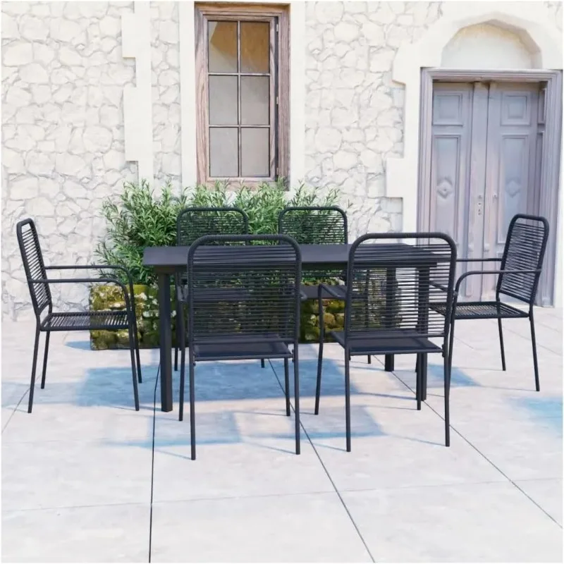 7 Piece Patio Dining Set Black Glass and Steel 25