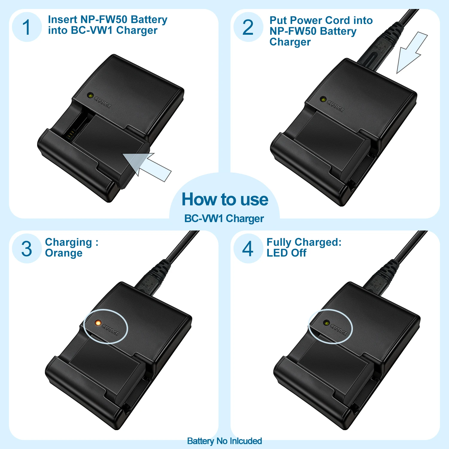 BC-VW1 Batterieladegerät für Sony NP-FW50 Akku für A5000 A5100 A6000 A6300 A6500 A6400 A7R A7S A7 A7M2 A7R2 A33 A35 A37 Kamera – Detail 4