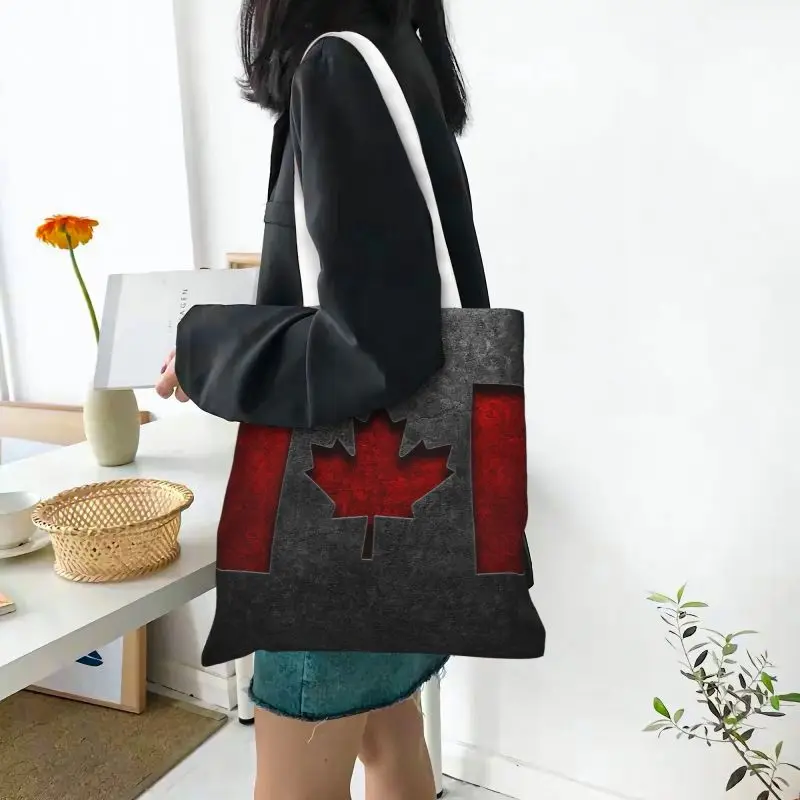 Divertente bandiera canadese Shopping Tote Bags riciclaggio strutturato bandiera canadese drogheria tela Shopper borsa a tracolla