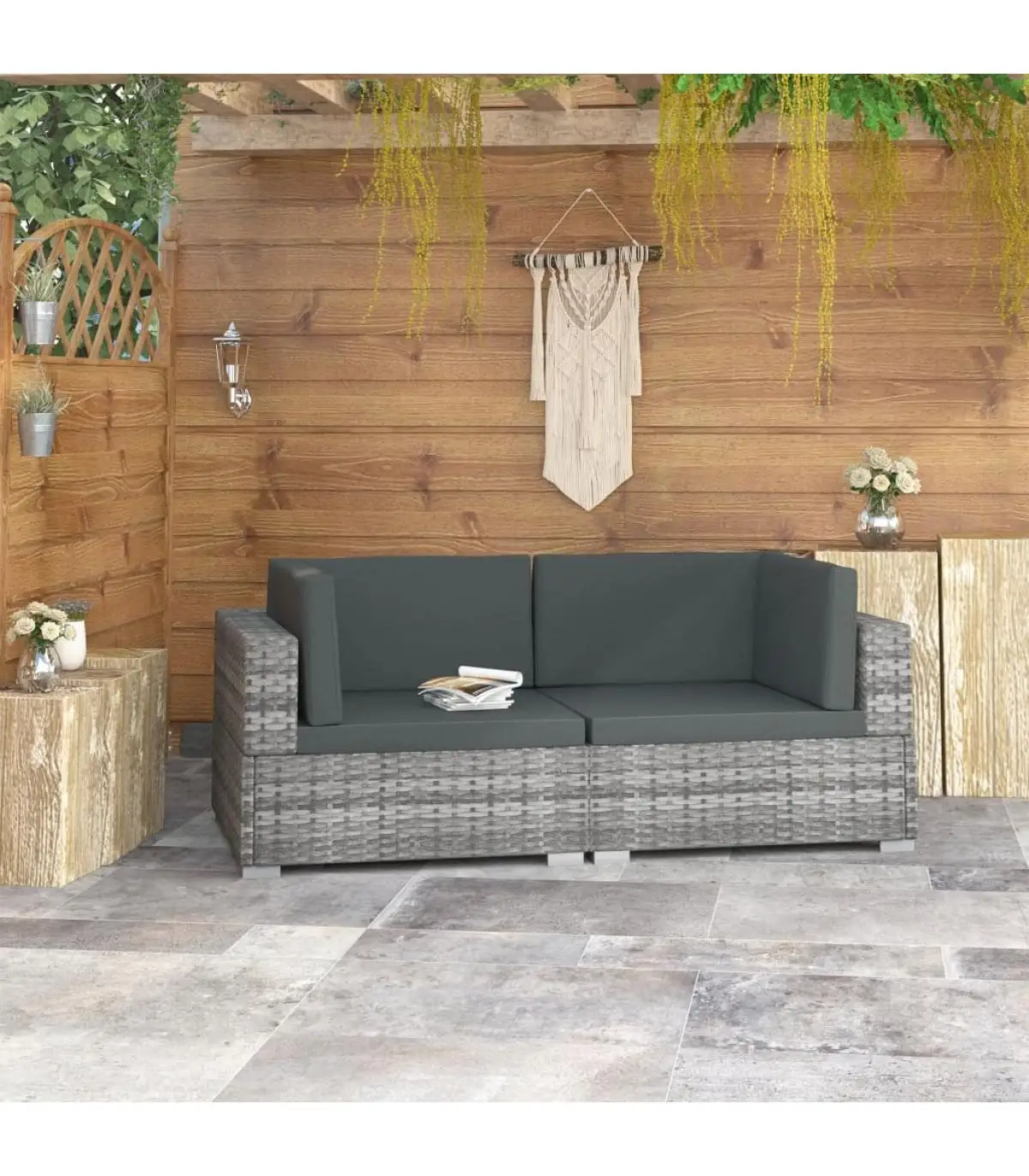 Modular outdoor sofa Corner sectional seat with cushions 2 PCs gray PE Rattan