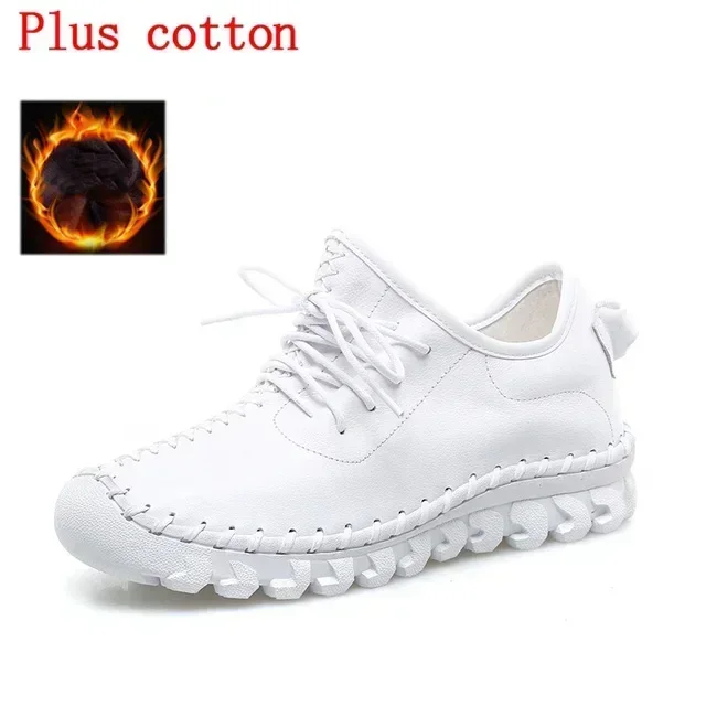 Cowhide Casual Sneakers for Women Plus Size Vulcanized Shoes Genuine Leather Spring Skate Shoes Ladies Sports White