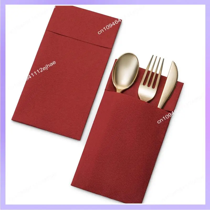 

N83R 50PCS Disposable Dinner Napkins With Built-In Flatware Pocket,Prefolded Cloth Like Paper Napkins For Wedding Party Red Dura