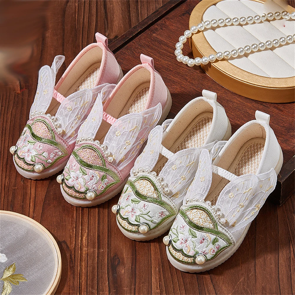 Cute Kids Girls Embroidered Pearl Shoes Ancient Style Soft-soled Old Beijing Cloth Flats Children's Spring Autumn Dance Shoes