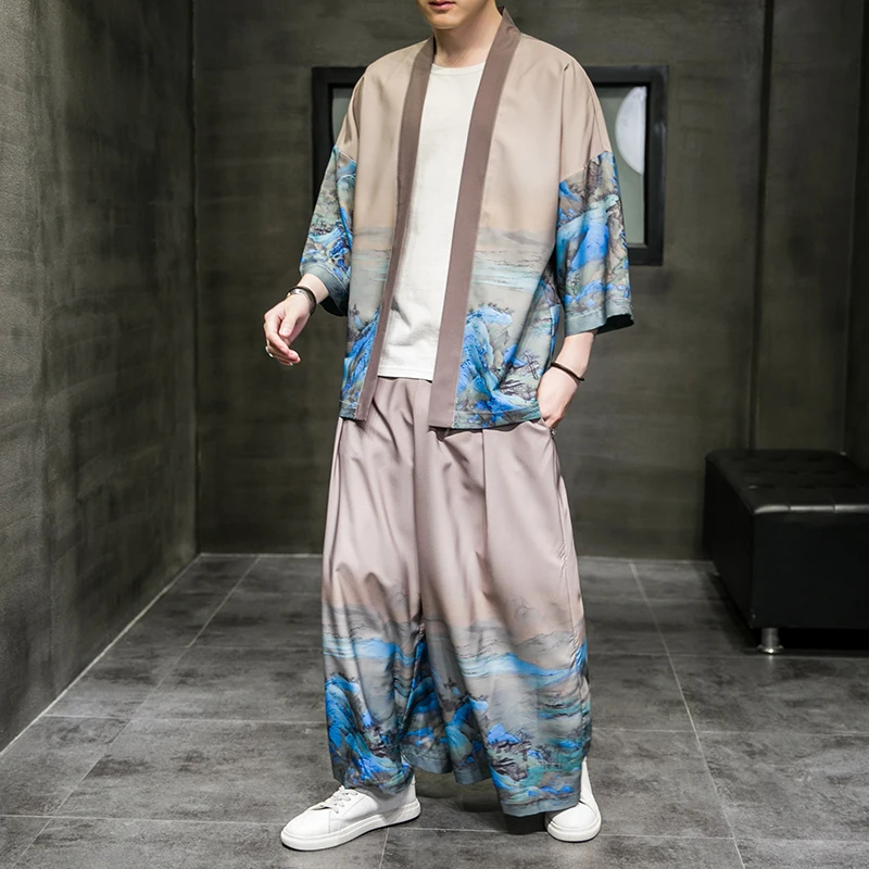 Kimono Cardigan Suit Men Japanese Summer Trousers Set Yukata Men\'s Haori Obi Japanese Wave Print Coat Traditional Japan Clothing