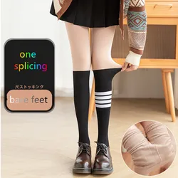 Striped stitching bare leg pantyhose autumn and winter flesh-colored stockings women's plus velvet thickening bottoming socks