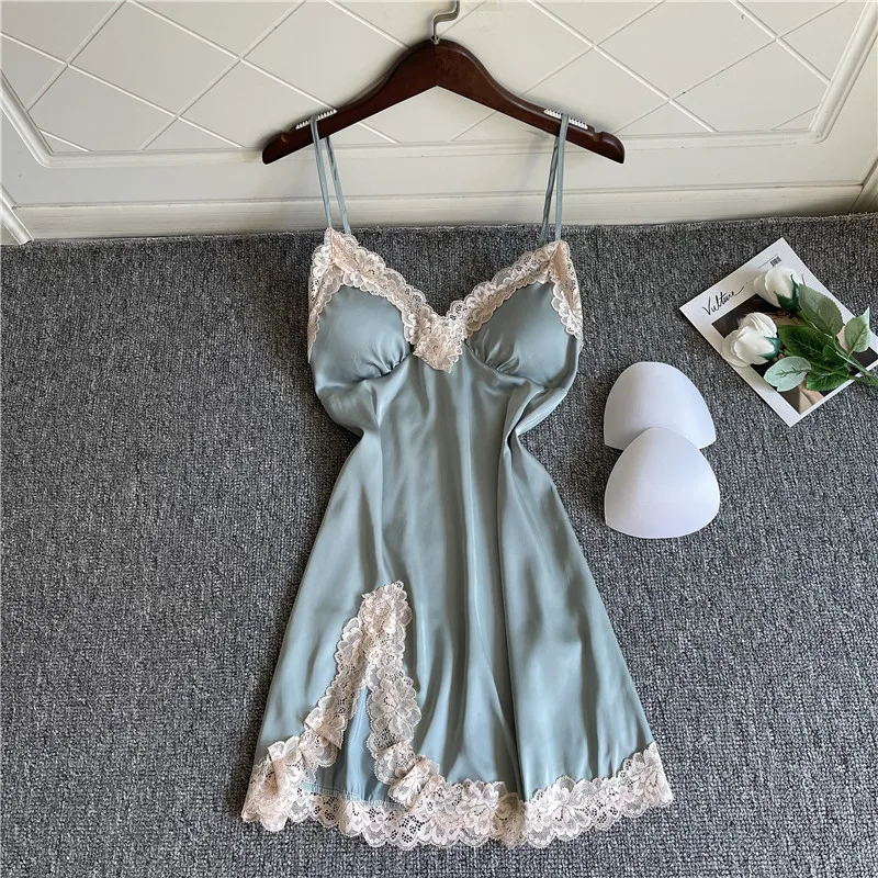 Ice Silk Pajamas Women Summer Sexy Side Slit Sling Nightdress With Chest Pad Gathered Lace Deep V-neck Temptation Short dress