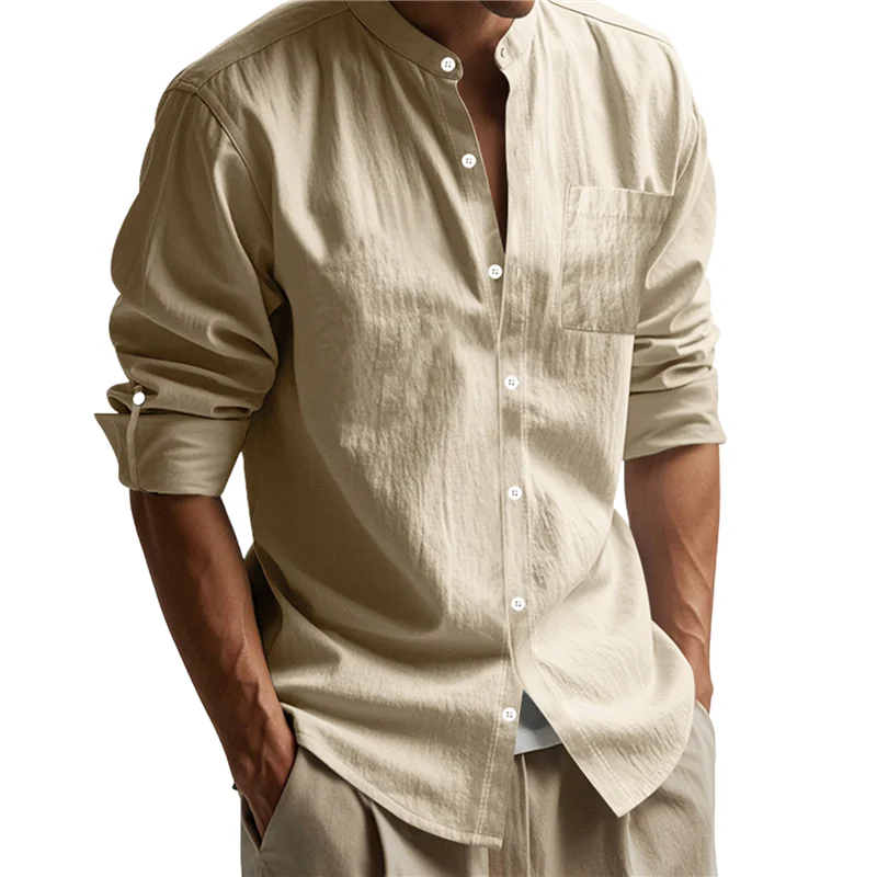 

ASDS-Men Cotton Linen Shirt Long Sleeve Collarless Casual Button Down Shirt Breathable Beach Tops