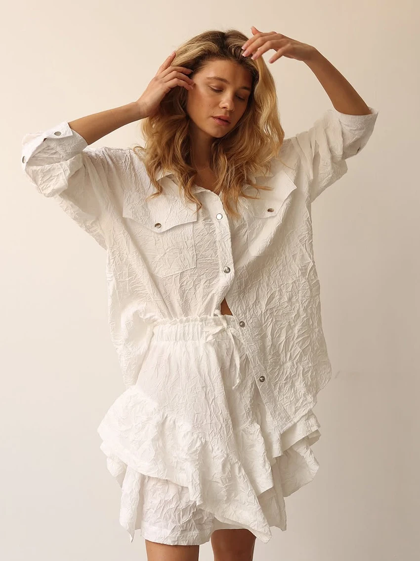 Marthaqiqi Loose Women Nightwear Suit Long Sleeve Nightgowns Turn-Down Collar Sleepwear Shorts Casual Ladies Nightie 2 Piece Set