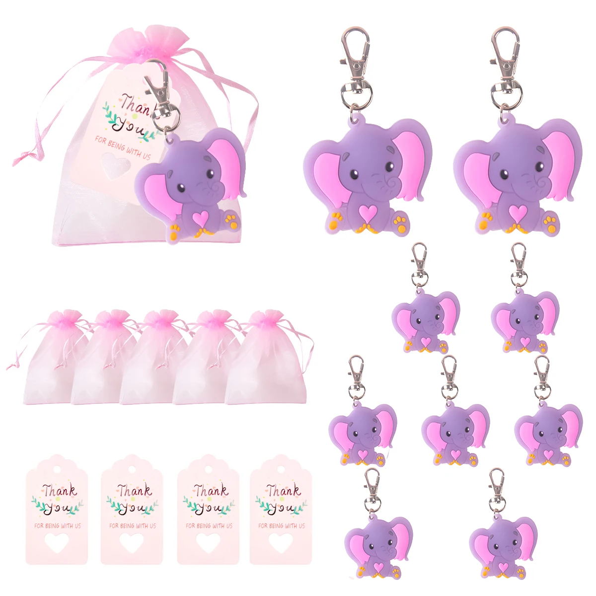 20-60 Stuks Baby Shower Retour Gunsten Roze Blauwe Organza Tas Met Olifant Sleutelhanger Thank You Tags Voor Jongens Meisjes Verjaardag Benodigdheden