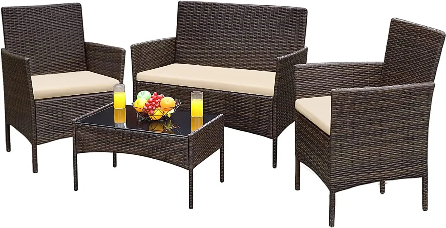 

Greesum Patio Furniture 4 Pieces Conversation Sets Outdoor Wicker Rattan Chairs Garden Backyard Balcony Porch Poolside