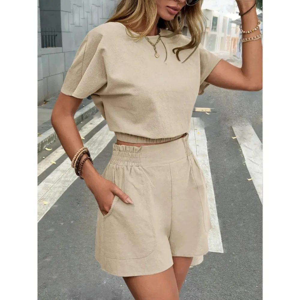 

Женские короткие комплекты больших размеров, комплект из 2 предметов, повседневная свободная одежда для летних каникул, футболки с короткими рукавами, шорты с эластичной резинкой на талии, одинаковый комплект