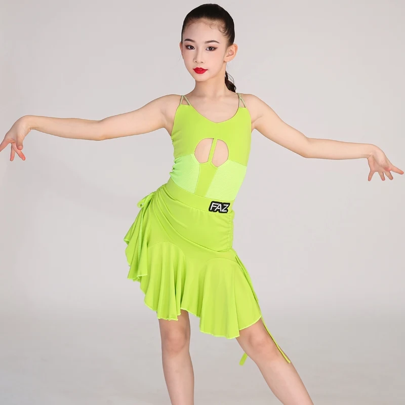 グリーンラテンダンスパーティードレス女の子ラテンダンスパフォーマンス衣装子供サンバ社交ダンス競技ドレス SL12512