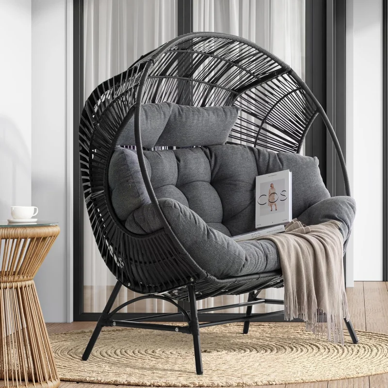 

2-Person Oversized Double Wicker Loveseat – Thick Cushions & Headrests, 680lb Patio Balcony Porch