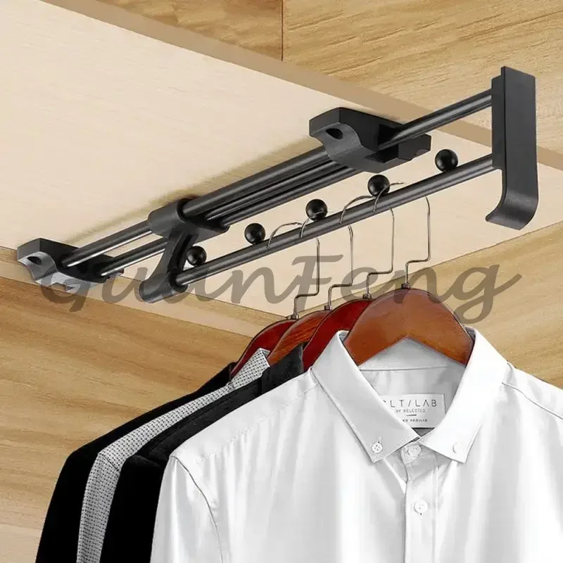 Top Mounted Black Retractable Pull-Out Wardrobe Rail Extendable Closet Clothes Hanging Rod Hardware