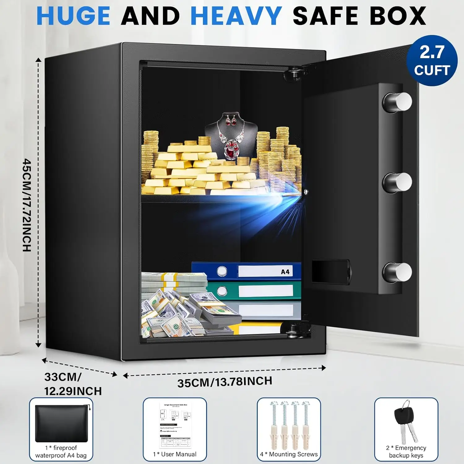 2.7 Cuft Safe Box, Home Safe with Fireproof Waterproof Bag, Anti-Theft Digital Security Lock Box with Smart Alert System, Remova