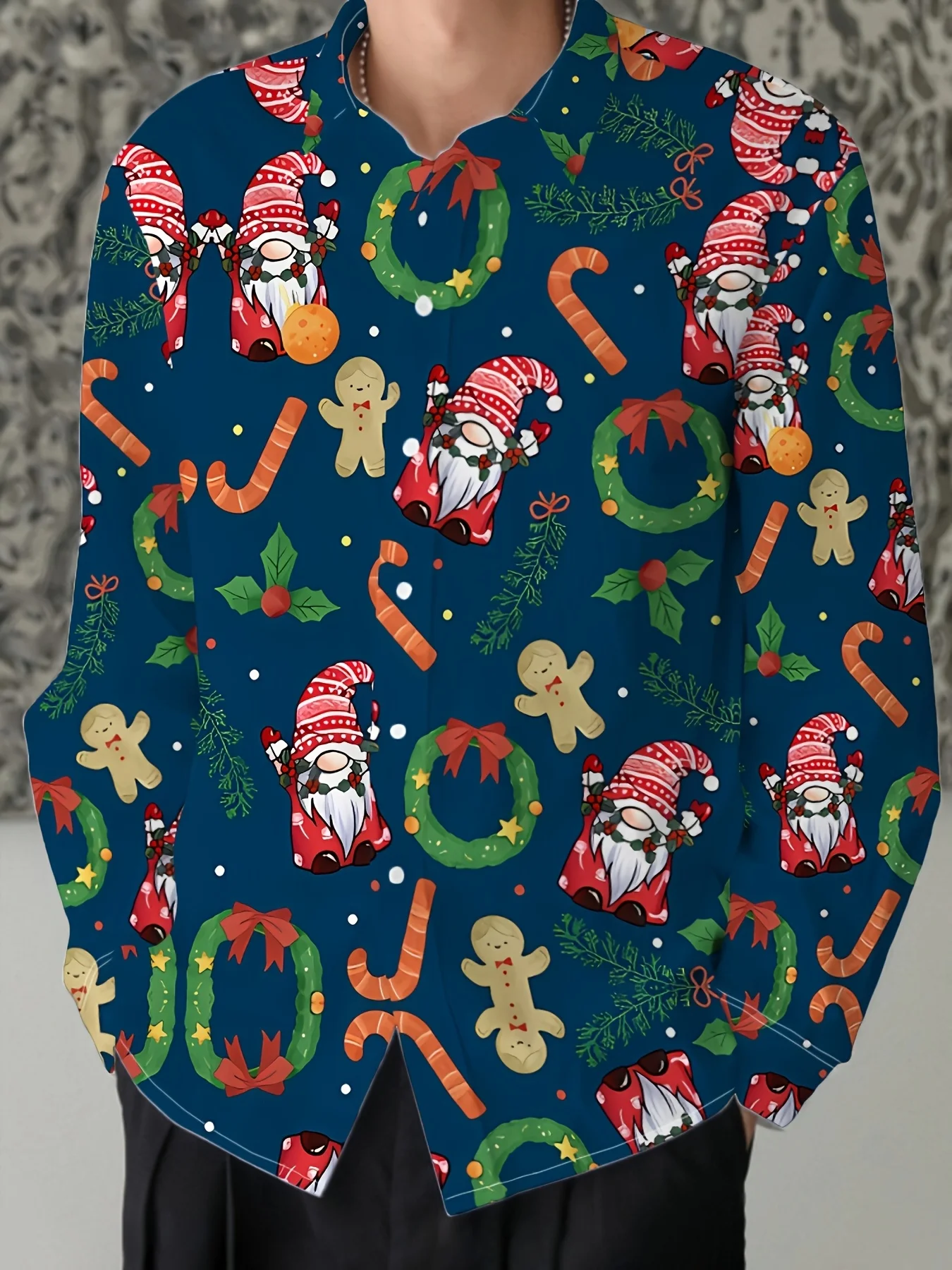 2025 قميص رجالي مطبوع عليه عصا الحلوى والزنجبيل سانتا بالكامل Btn-الجبهة غسالة قابلة للتنفس لقضاء العطلات والزفاف ​ ​