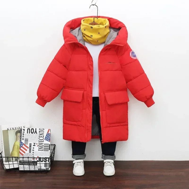 New Winter Boys Jacket Solid Color Mid-Length Keep Warm Cold Protection Hooded Down Cotton Windbreaker Coats For