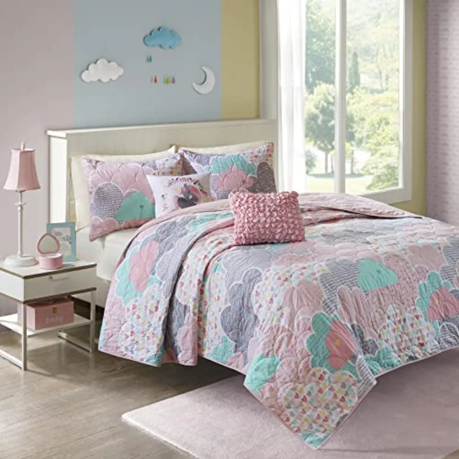 

Reversible Cotton Quilt Set - Vibrant Fun Playful Print All Season Bedding Coverlet Bedspread Decorative Pillow Bedroom Décor F