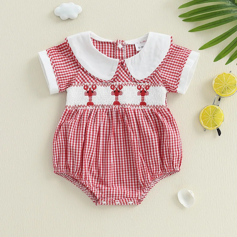 طفل الفتيات الصيف رومبير عارضة جراد البحر التطريز منقوشة دمية طوق قصيرة الأكمام الوليد بذلة لملابس أزياء الطفل