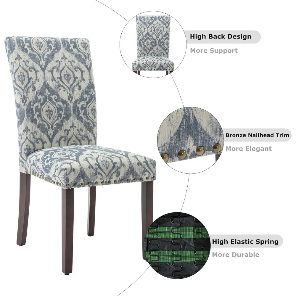 كراسي طعام بارسونز منجدة من القماش الأزرق، مجموعة من 2 مع حواف رأس الأظافر وأرجل خشبية للمطبخ أو غرفة الطعام #6