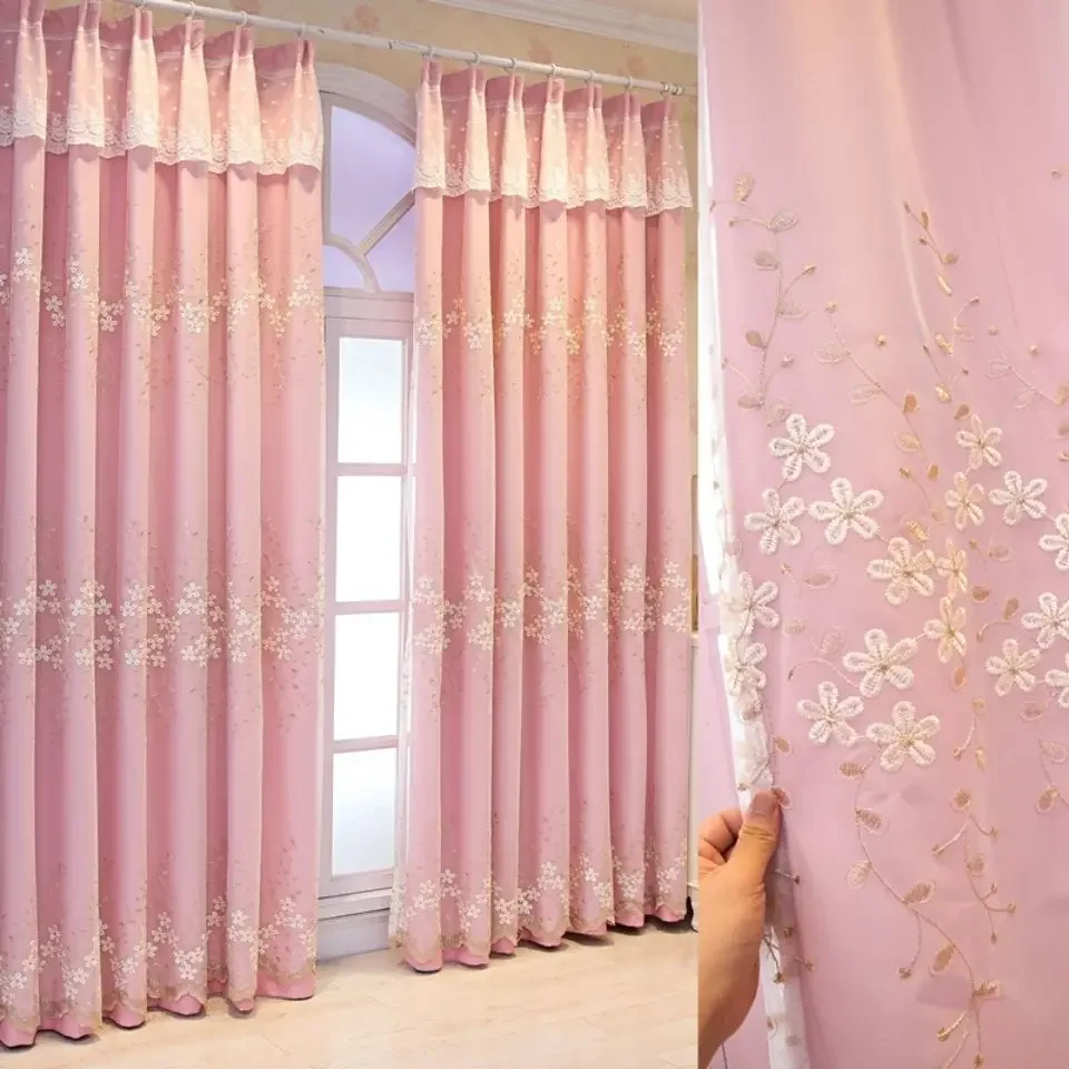 Princess Style Romantic Double Layer Curtain Grass Embroidered Sheer Curtain Plus Cloth Curtain for Bedroom Living Room