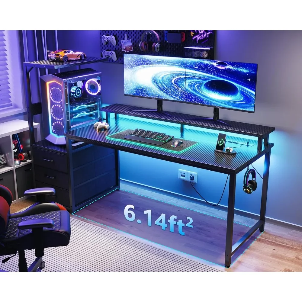 59 Inch Gaming Desk with USB Charging Ports & LED Light- Reversible Computer Desk with Storage Shelves & Monitor Stand, Mod