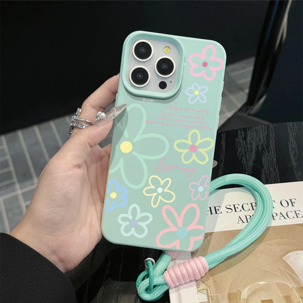 Candy Flowers Hand Wrist Strap Leather Phone Cases For iPhone 17 13 11 12 Pro Max Plus 15 14 16 XR XS 17 Air With Lanyard Cover view 4