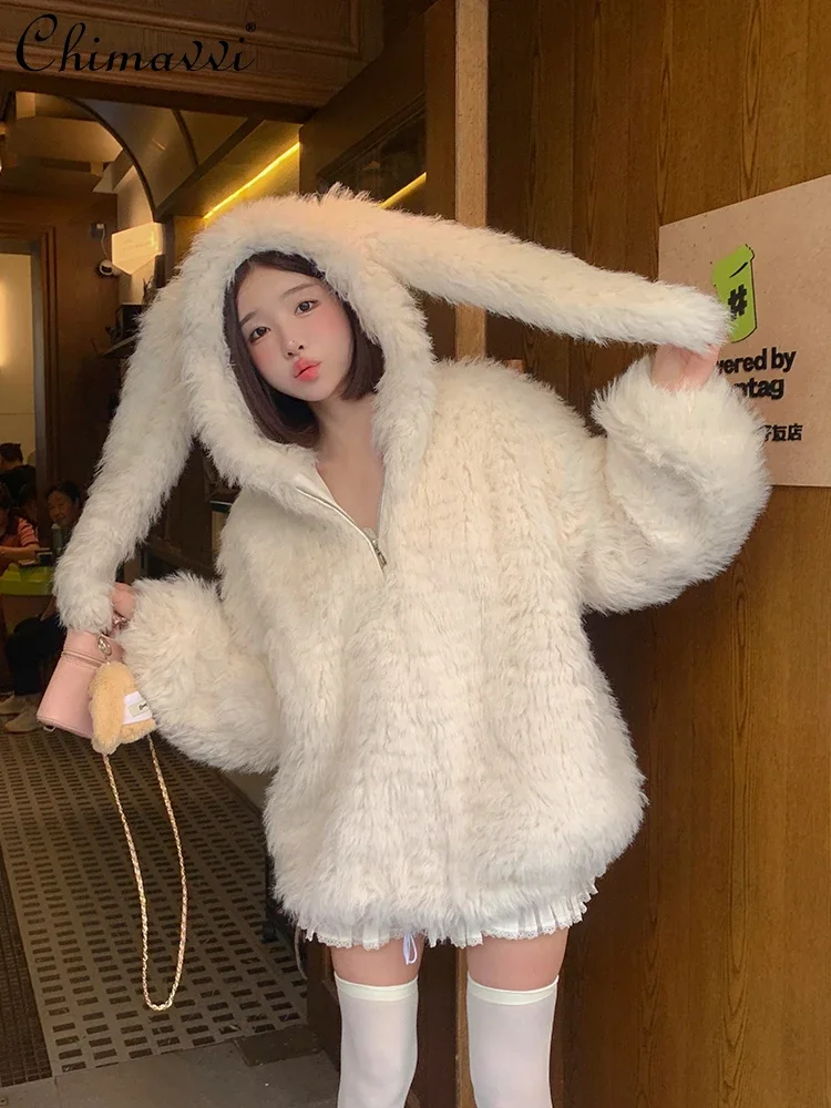 Sweet Girl Imitation Lamb Fur Coat Autumn and Winter New Fashionable Cute Rabbit Ears Loose Thickened Warm Kawaii Fur Jackets