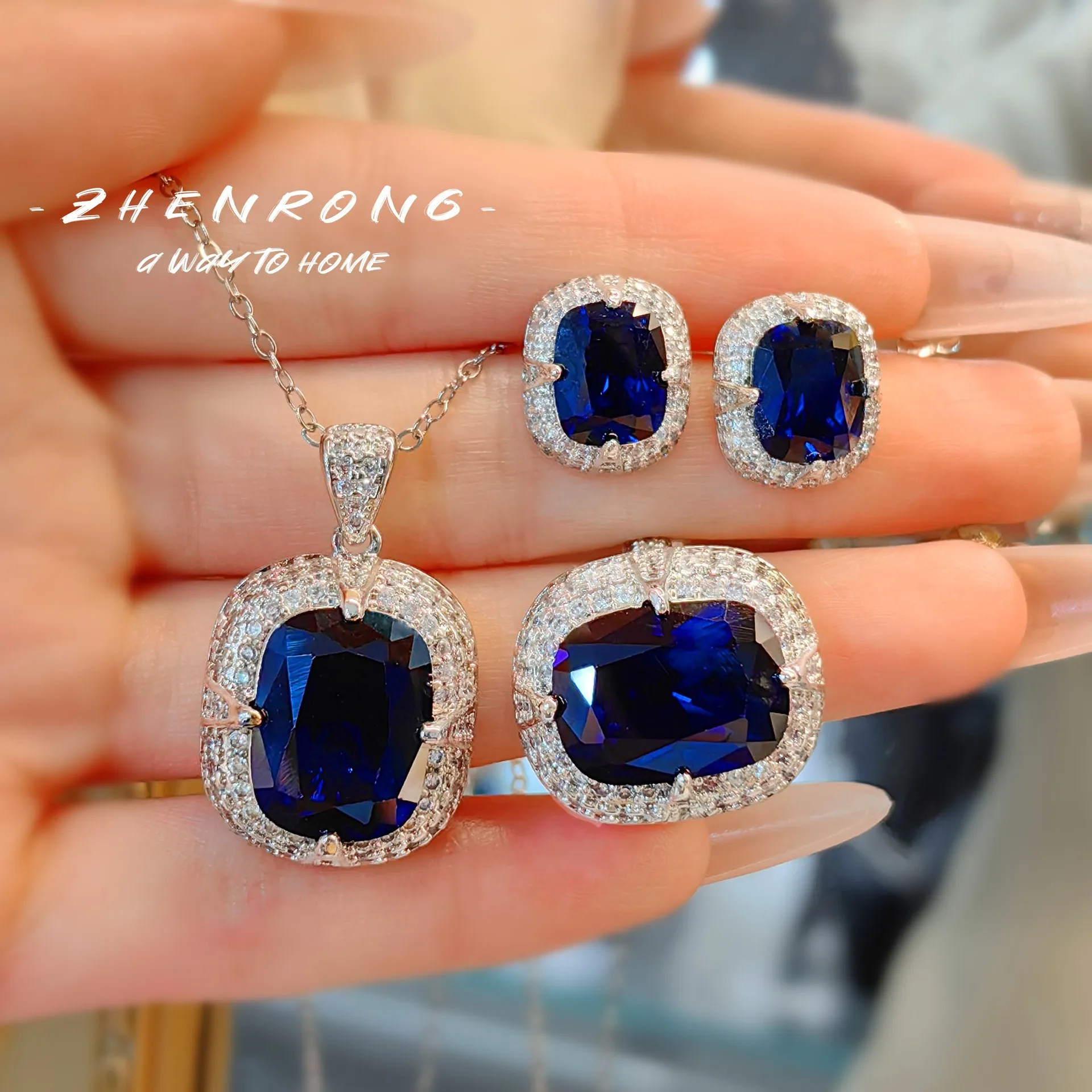 

Gorgeous Oval Blue Cobalt Spinel Sapphires Pendant Necklaces Earrings Rings For Women Wedding Luxury Brilliant Jewelry Sets