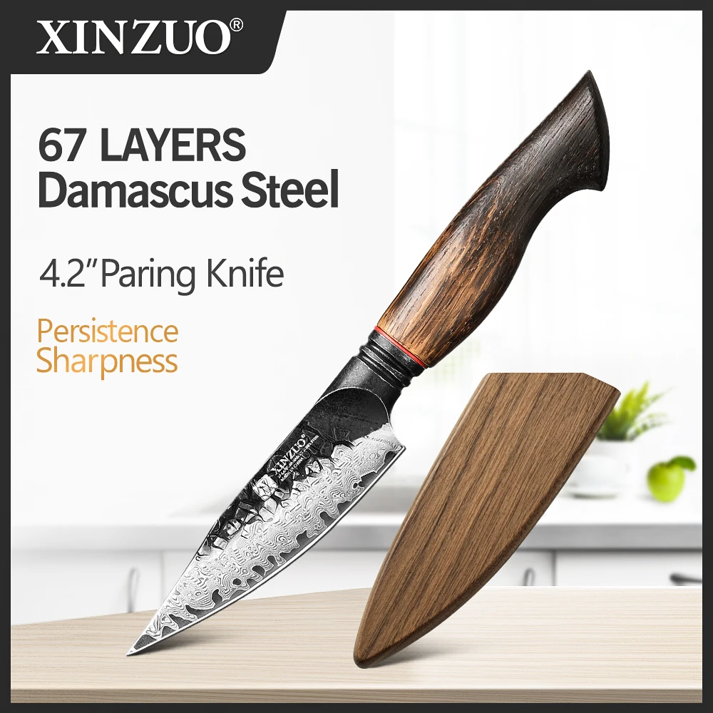 

XINZUO 4.2‘’ Paring Knife 67 Layers Damascus Steel 10Cr15CoMov Steel Core With Wooden Sheath Portable Knife Comfortable To Hold