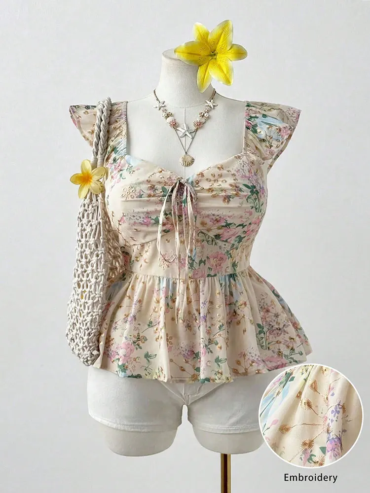 New Embroidery Floral Plus Size Short Corset Waist Ruffle Flutter Sleeve Vest Top Square Neck Drawstring Tie Beige Women Clothes