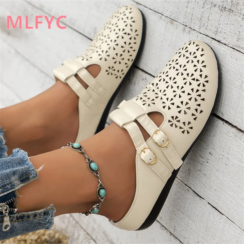 Women Spring Summer New Flat Bottom Hollow Breathable Shoes Fashion Soft Bottom Lazy Man Baotou Slippers Ladies Single Shoes