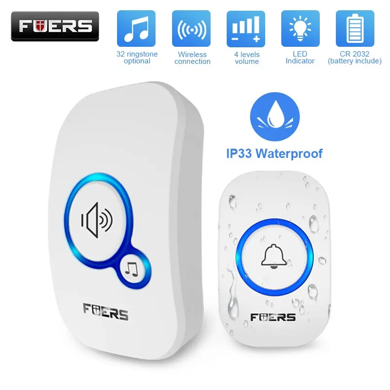 Fuers Wireless Doorbell Waterproof Welcome Chime Home Door Bell Intelligent 32 Songs Smart Alarm With Battery For Store Hotel