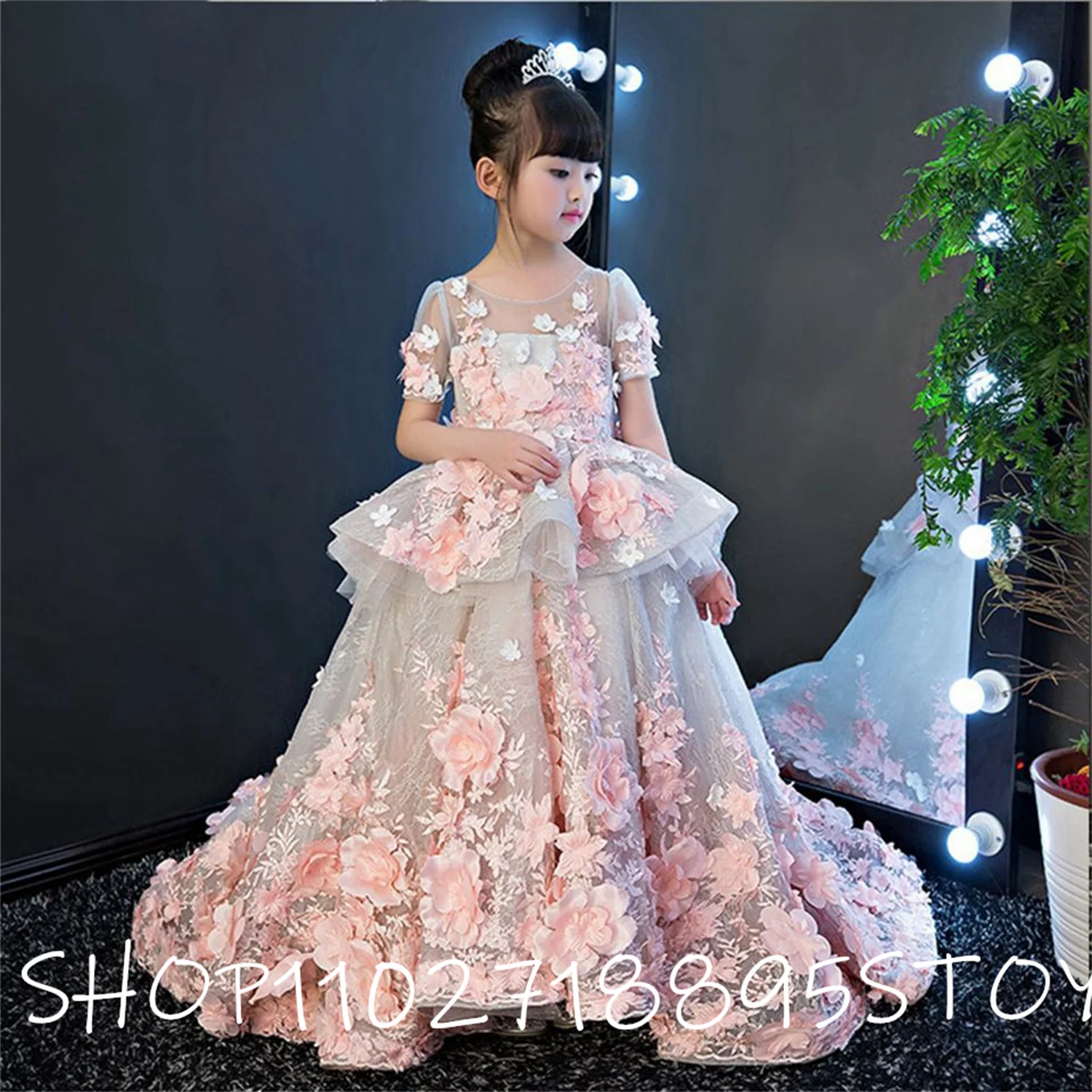 Sling Flower Girl Dress Tulle Appliques Sweetheart Wedding Birthday Ball Gown Floor Length A-line Elegant Party Evening Dress