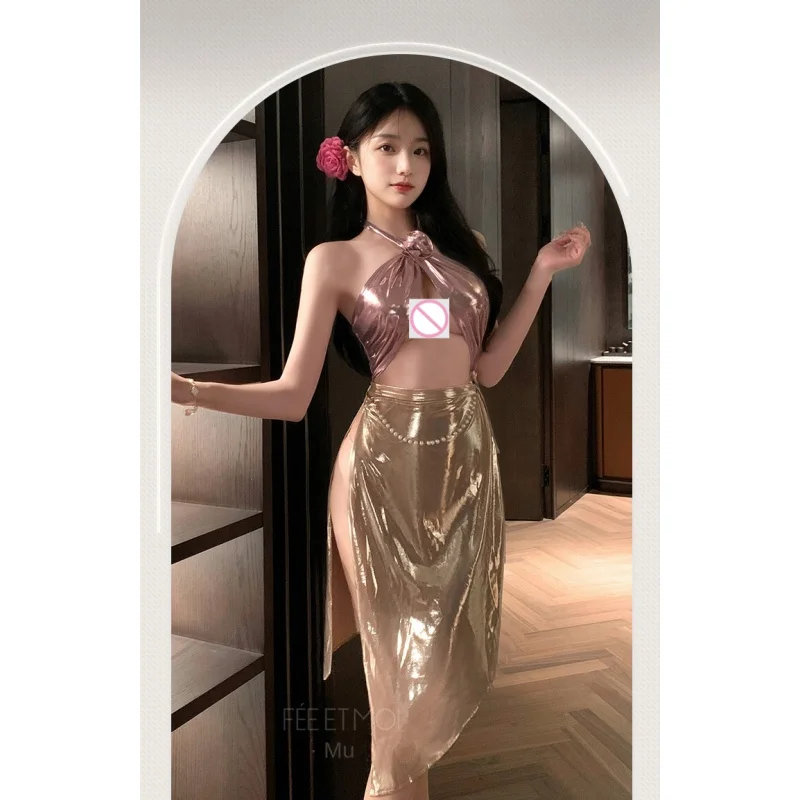 【Sexy Lingerie】Ethnic Style Rose Embellished Long Skirt Set - Alluring & Seductive Nightwear for Women