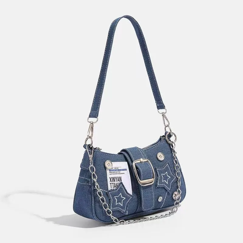 

2025 New Millennium Spice Girls Star Denim Underarm Bag Fashion Splicing Chain Trendy Commuter Handheld Shoulder Bag