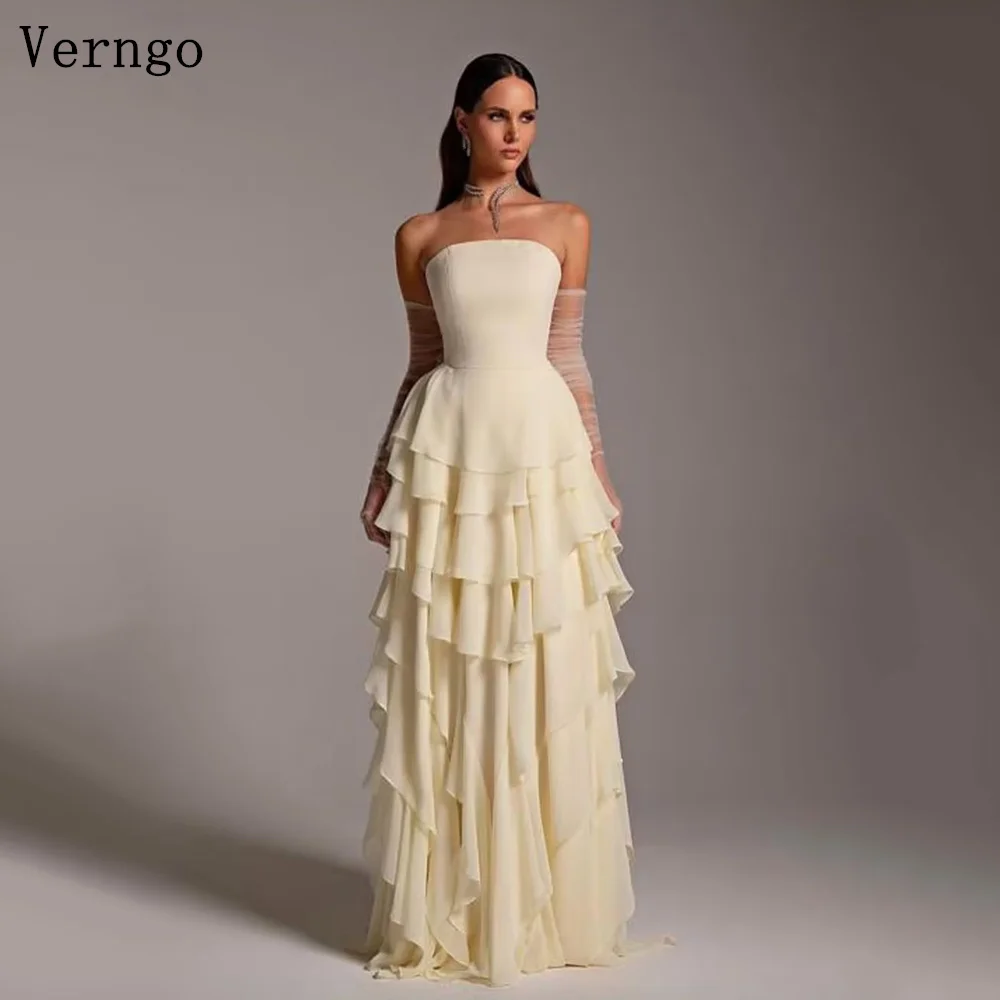 

Verngo Light Chiffon Evening Dress Strapless Tiered Elegant Prom Party Dress Simple Formal Prom Gowns Customized