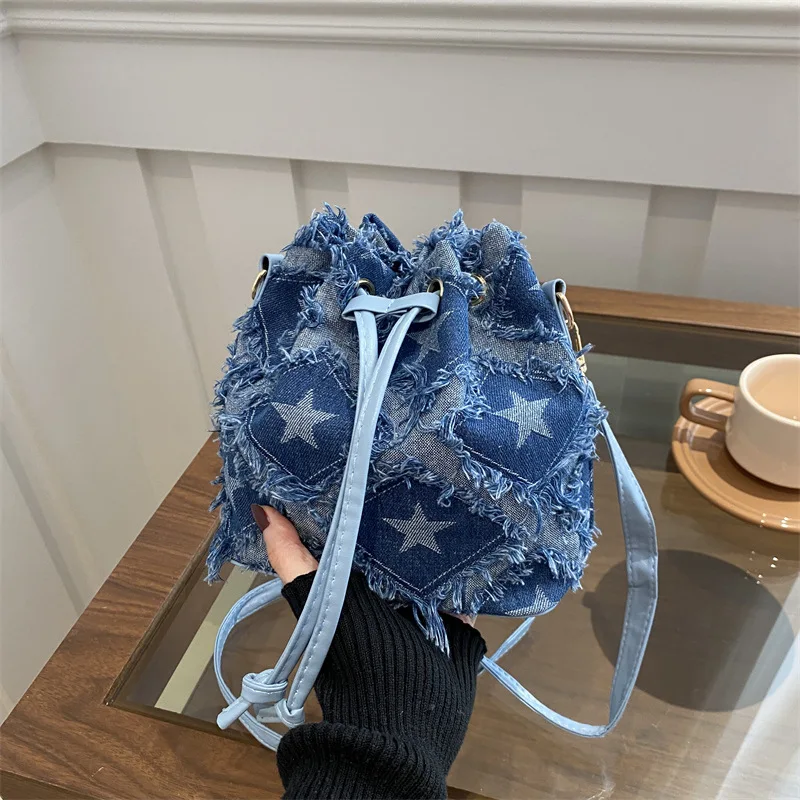 New Women's Bucket Bag Fashionable and High-quality Denim Crossbody Bag Solid Color and Versatile Girls' Phone Storage Bag