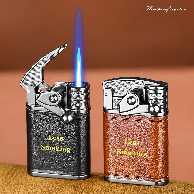 Portbale Retro Leather Rocker Arm Lighrer Windproof Jet Blue Flame Butane Gas Torch Lighter Smoking Accessories for Men’s Gift