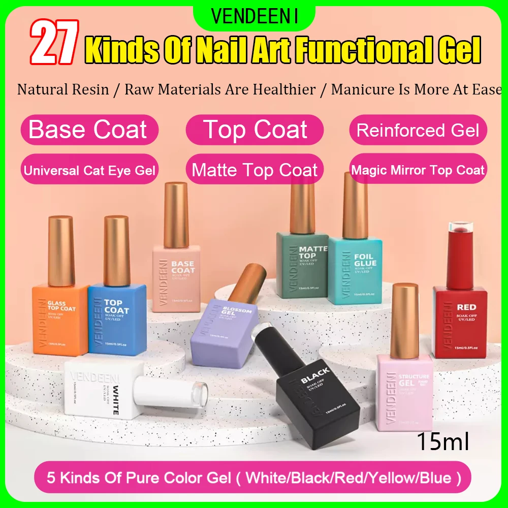 Vendeeni 27 Kinds Of Nail Art Functional Gel Pure Color White Black Red Matte No Wipe Base Top Coat Blossom Cat Eye Gel Polish