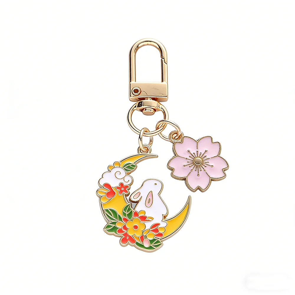Mode Niedlichen Mond Kirsche Kaninchen Schlüsselbund für Frauen Süße Cartoon Emaille Gold Farbe Schlüssel Kette Tasche Auto Schlüssel Dekoration Mädchen Geschenk – Detail 2